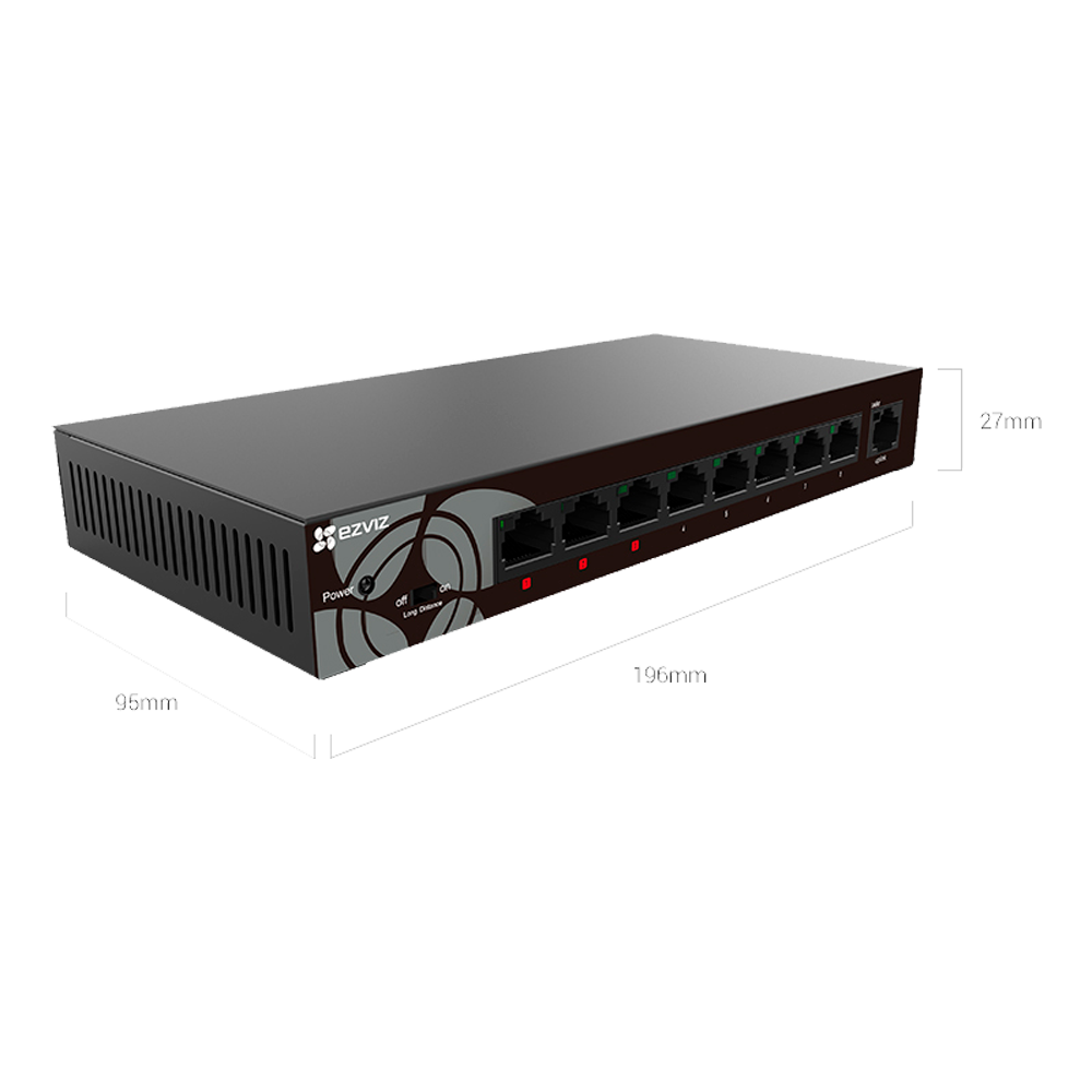 Switch Ezviz - 8 porte + 1 Uplink RJ45 - Velocità fino a 1000 Mbps su tutte le porte - Velocità di trasferimento di 18 Gbps - 3 porte prioritarie - Modalità Estesa, fino a 250m di portata