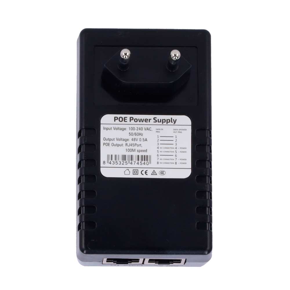 Inyector PoE de pared - Entrada/Salida RJ45 10/100 Mbps - Potencia 15 W - Distancia máxima 100 m - Velocidad 100M - Estabilizado y protegido