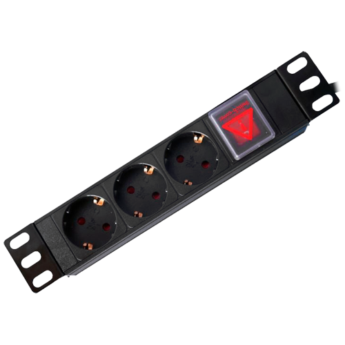 Power strip - Designed for standard 10" racks - 1U rack format - 3 outputs up to 250VAC / 16A max. - On/off switch - Overload reset button