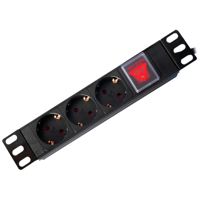 Power strip - Designed for standard 10" racks - 1U rack format - 3 outputs up to 250VAC / 16A max. - On/off switch - Overload reset button