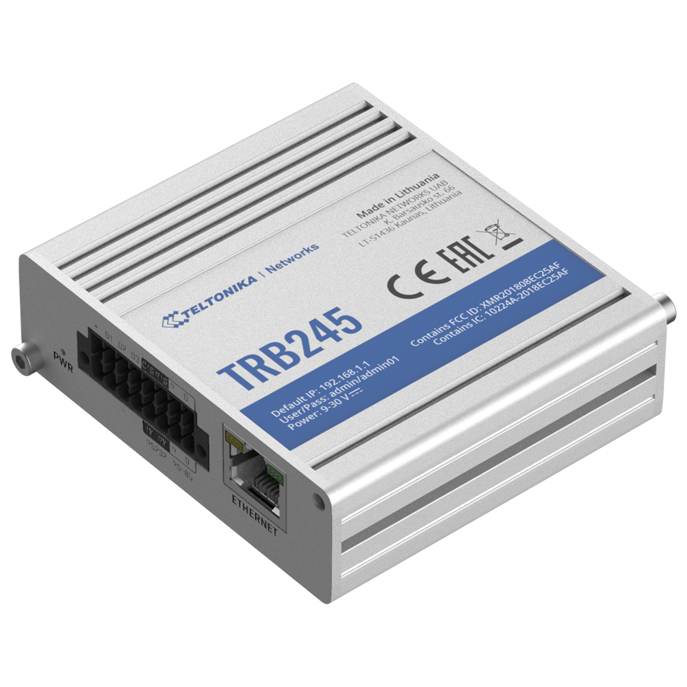 Teltonika Gateway 4G Industrial - 4G Cat 1 / 3G / 2G - RJ45 10/100Mbps port - RS232 and RS485 ports - Micro USB connector - Dual SIM