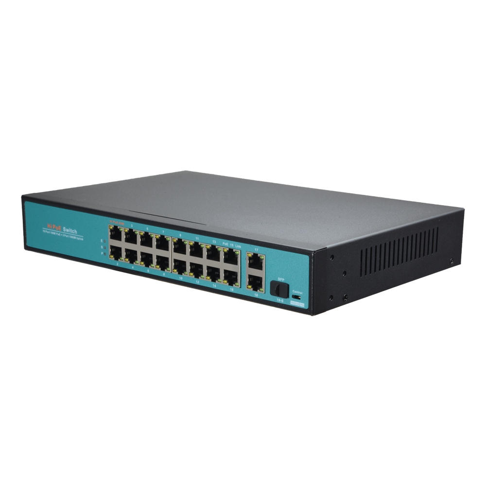 Switch PoE - 16 porte PoE + 2 Uplink GIGA + 1 SFP - Velocità della porta 10/100 Mbps - 65W porta 1 / 30W porta 2-16 / Massimo 300W - Modo TVCC fino a 250m a 10Mbps - Hi-PoE / IEEE802.3at (PoE+) / af (PoE)
