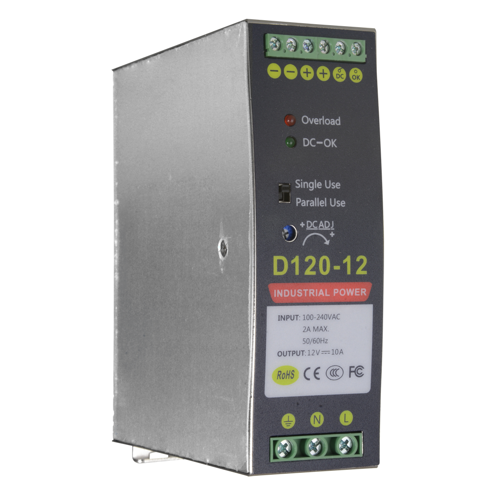 Fonte di alimentazione commutata - uscita DC 12 V 10 A / 120 W - 2 uscite - Voltaggio in entrata 90 V ~ 264 V - 135 (Fo) x 121 (Al) x 40 (An) mm - Montaggio su guida DIN