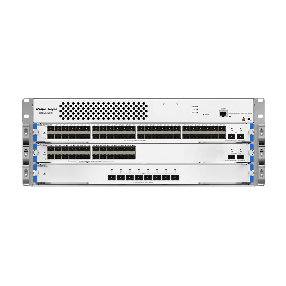 Reyee Switch Modular de Chasis L3 - 3 Slot de Expansión (Tamaño de 4U) - Hasta 144 puertos GE / 144 SFP GE / 48 SFP+ - Static LAG/DHCP Snoop/IGMP Snoop/Port Mirror - VLAN/Port Isolation/STP/RSTP/ACL/QoS/802.1X - Servidor DHCP/Rutas estáticas/RIP/OSPF/SNMP