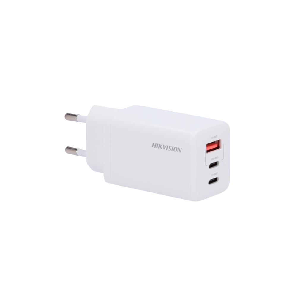 Cargador GaN - Salida: 2 puertos USB-C y 1 puerto USB-A - Entrada AC 100~240 V, 1.5 A máx. - Potencia total 65 W - Protección contra sobrecarga y cortocircuitos - Color blanco