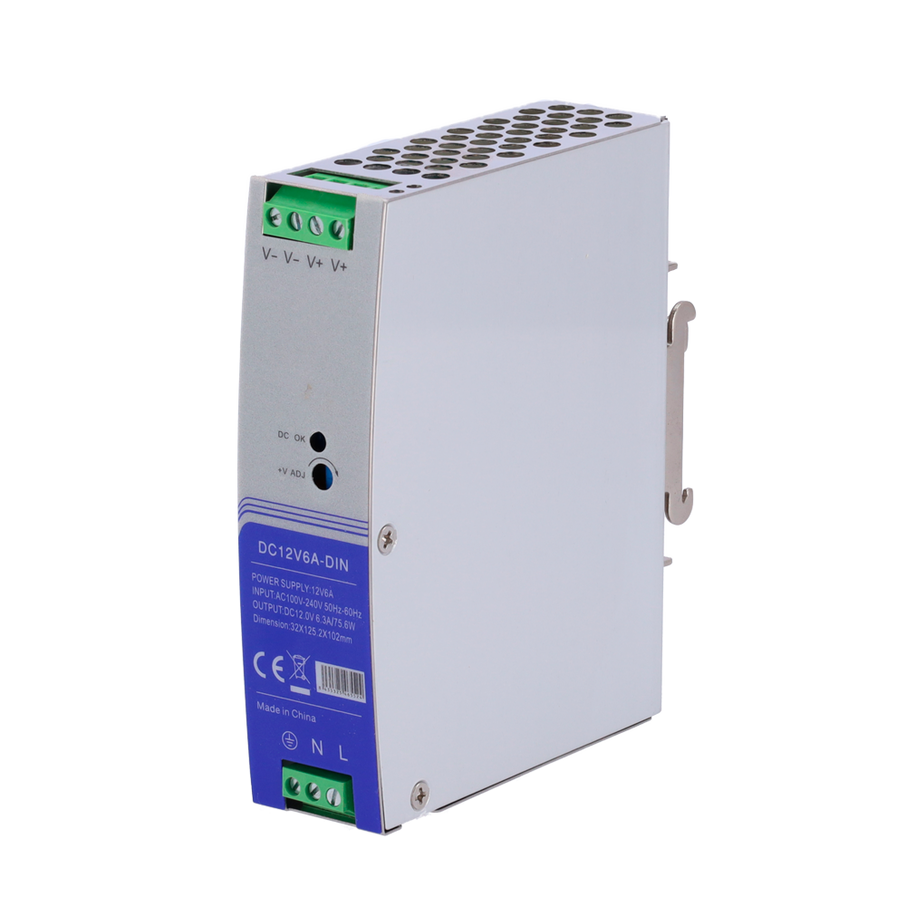 Switched power source - DC 12V 6.3A / 75W output - AC100V-240V /50Hz-60Hz input voltage - 103 (Fo) x 125 (Al) x 33 (An) mm - DIN rail mounting - Protection: Overload /Overvoltage/Short circuit