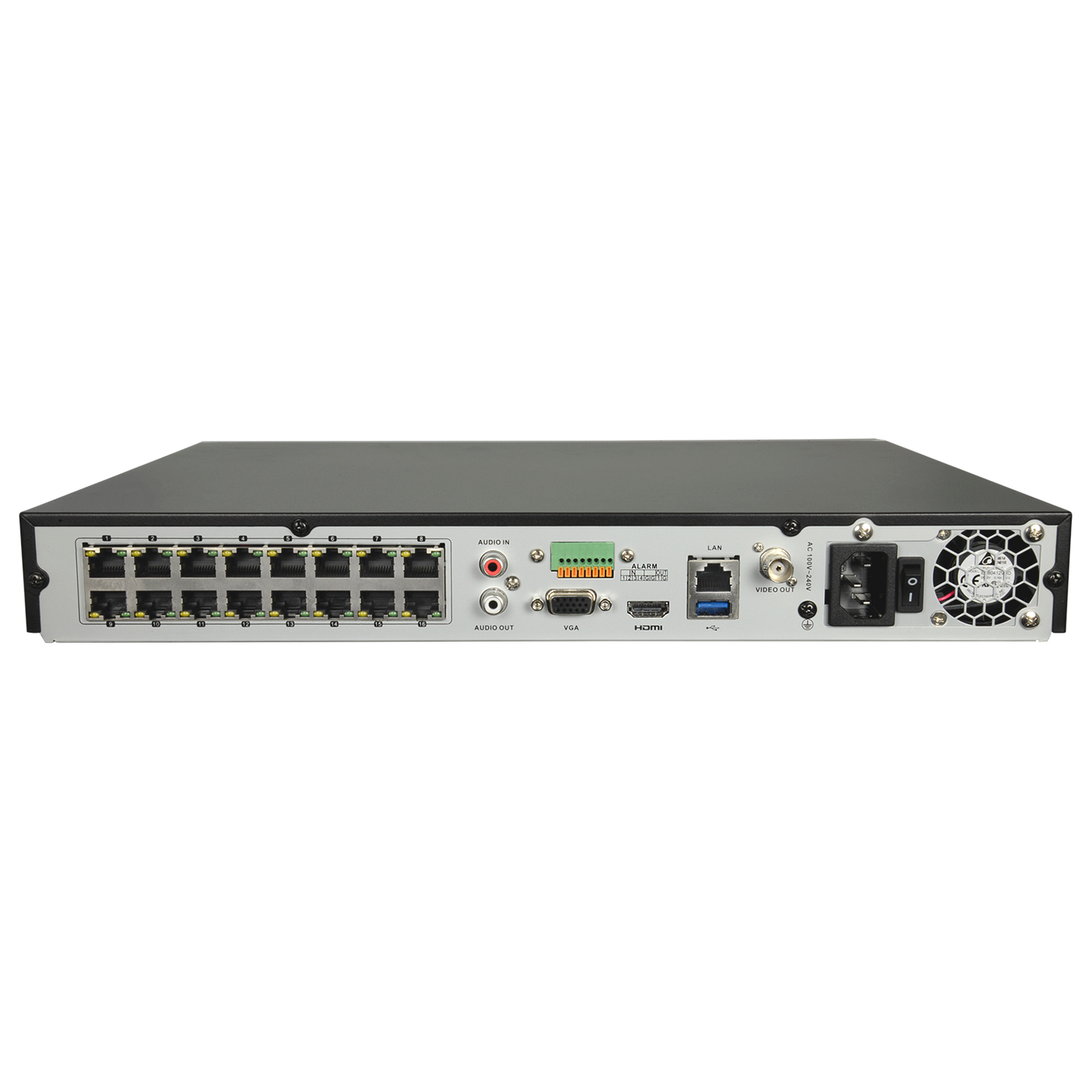 NVR para cámaras IP - 16 CH vídeo / 16 puertos PoE - Resolución máxima 8.0 Mpx / Compresión H.265+ - Ancho de banda 160 Mbps - Salida HDMI 4K y VGA - Permite 2 discos duros