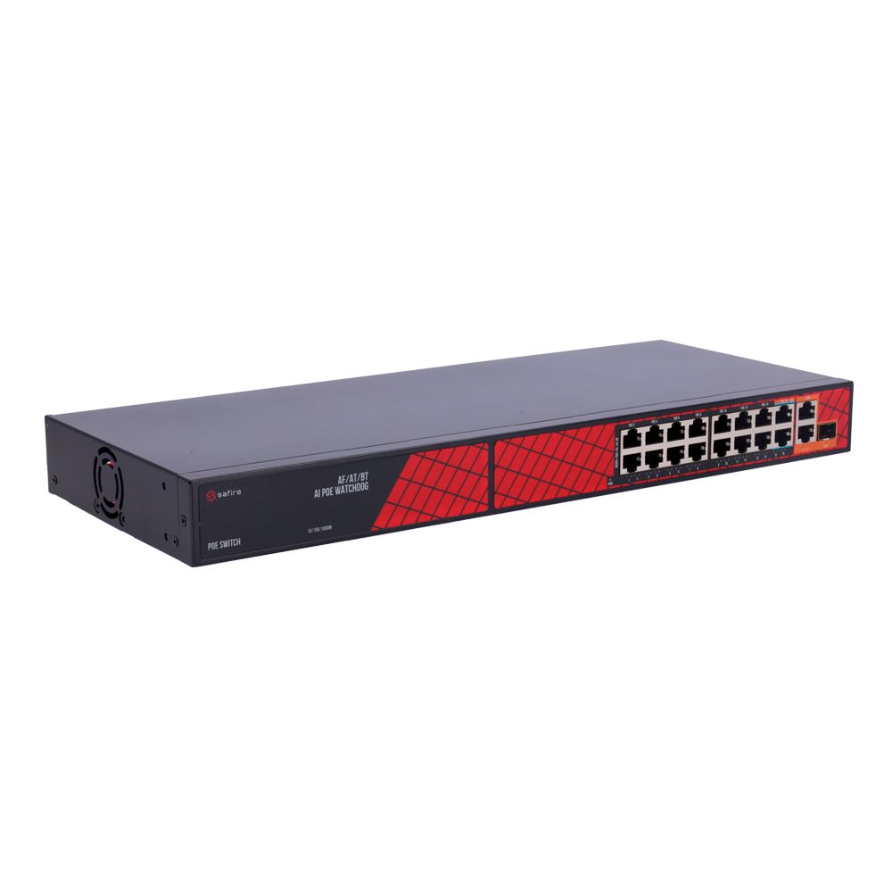Safire Hi-PoE Switch - 16 PoE Ports + 2 RJ45 Uplinks + 2 SFP Uplinks - Hybrid 15x10/100Mbps + 4x10/100/1000Mbps - 14 PoE+ 30W Ports + 2 Hi-PoE 60W Ports - PoE Watchdog / PoE Extended - Maximum 300W Power PoE total