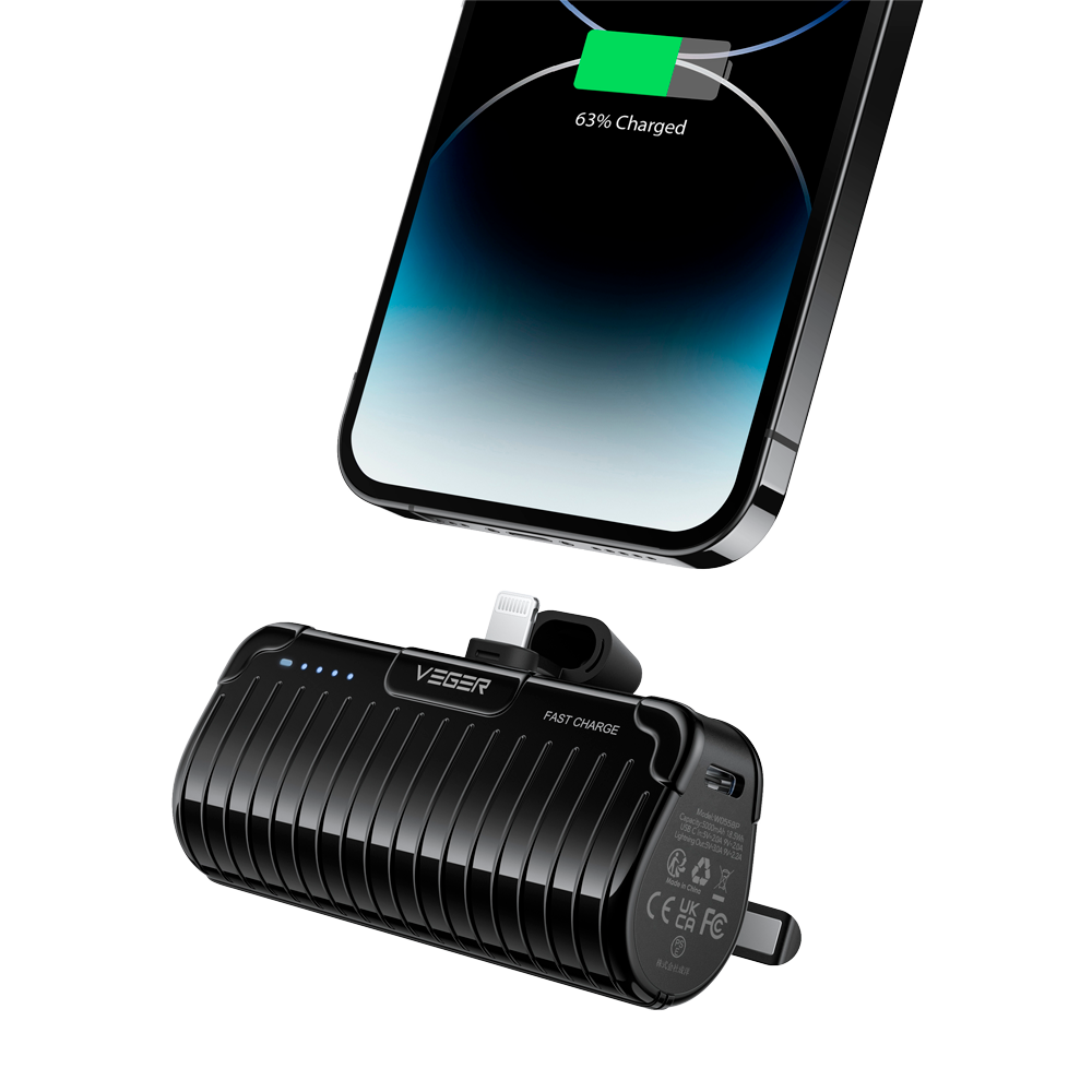 VEGER - Mini Power bank con indicatore di ricarica a LED - Capacità 5000mAh - Ricarica veloce PD20W - Ingresso USB-C, Uscita connettore Lightning - Carica 1 dispositivo | Supporto pieghevole