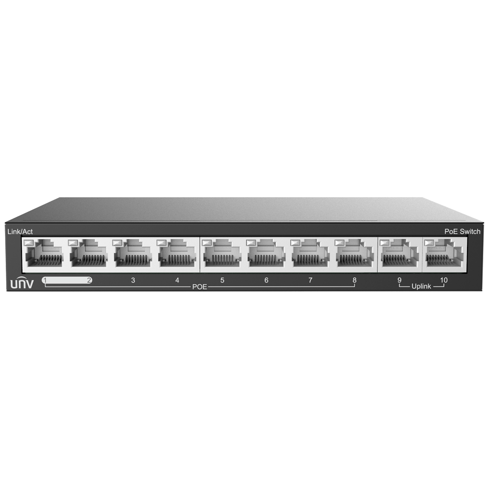 Uniview Switch PoE Sobremesa - 10 Puertos RJ45 10/100Mbps  - 8 Puertos PoE+ 802.3af/at | Potencia total 88W - Alimentable con PoE In - Admite PoE Extendido hasta 250m