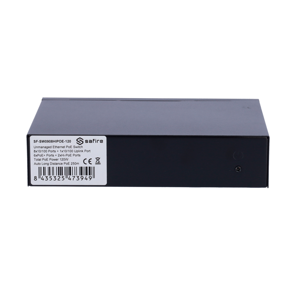 Safire Switch Hi-PoE - 8 puertos PoE + 1 Uplink RJ45 - Velocidad de puertos 10/100Mbps - 6 Puertos PoE+ 30W + 2 Puertos Hi-PoE 60W - Potencia PoE total de 120W - PoE Watchdog / Auto PoE Extendido Hasta 250m