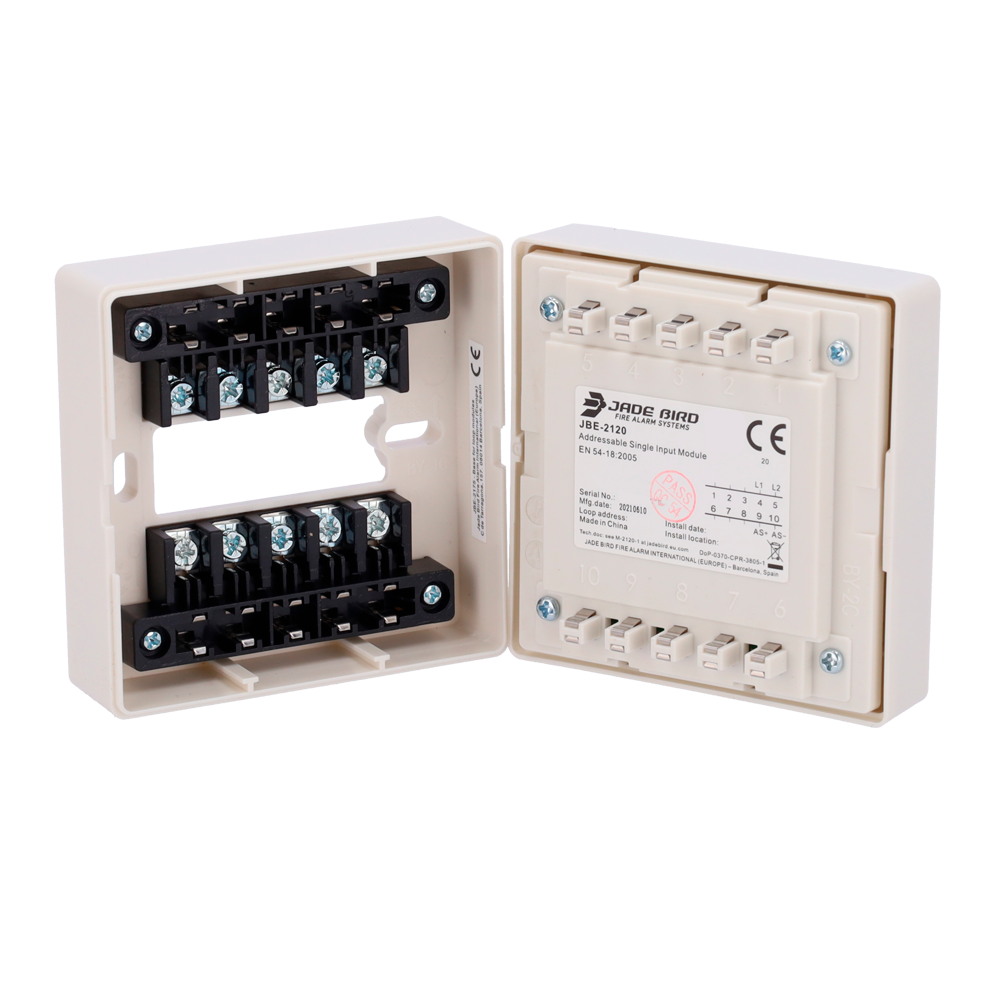 Progettato per il funzionamento in loop - Alimentazione tramite loop  - Modulo di ingresso logico  - Base con terminali per una facile rimozione/installazione JBE-2175 - Indirizzo programmabile tramite il modulo JBE-AT1 - rfl di 10 kΩ (fornita) -