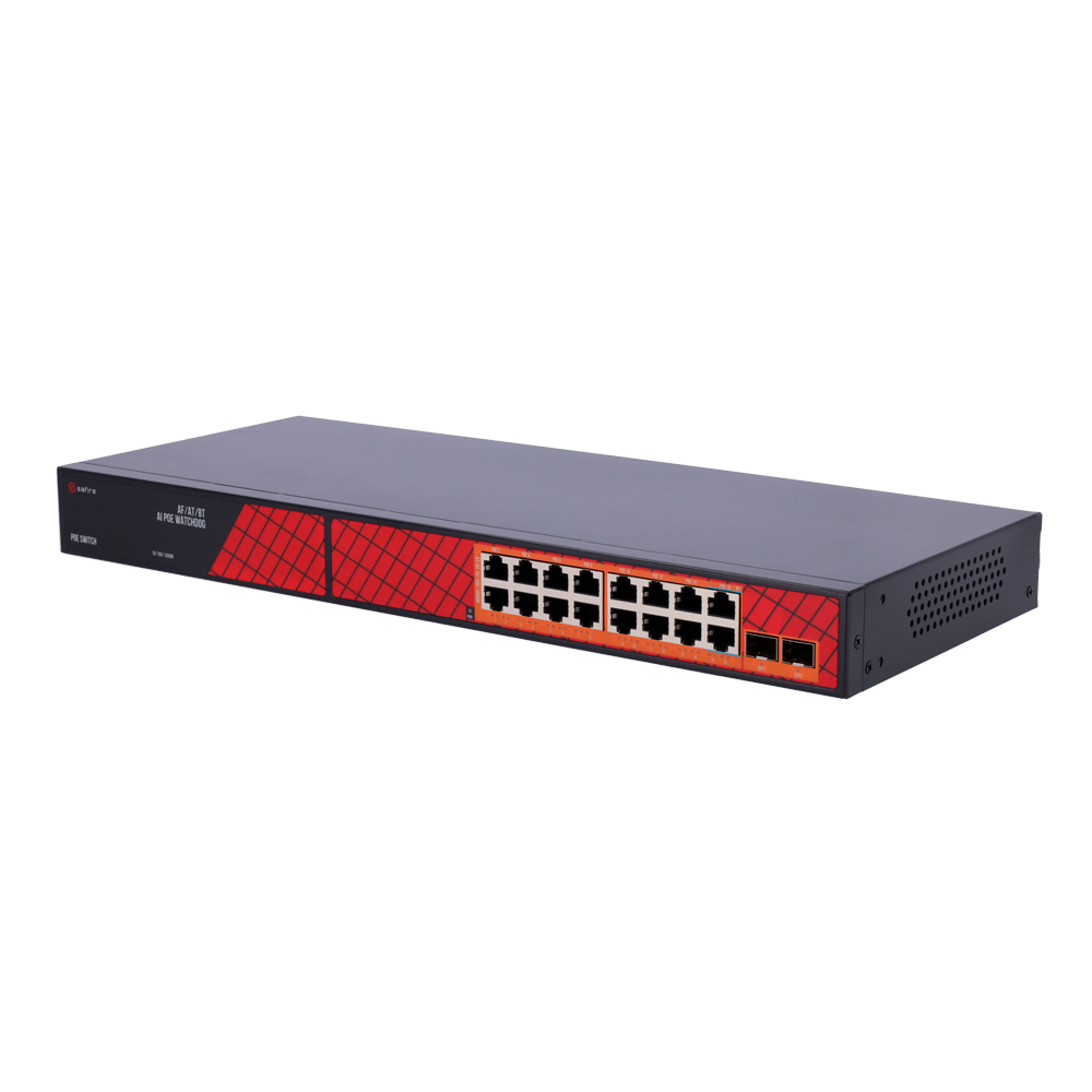 Safire Switch Hi-PoE - 16 porte PoE + 2 SFP - Velocità porte Gigabit 10/100/1000Mbps - 14 Porte PoE+ 30W + 2 Porte Hi-PoE 60W - PoE Watchdog - Fino a 300W Potenza PoE totale