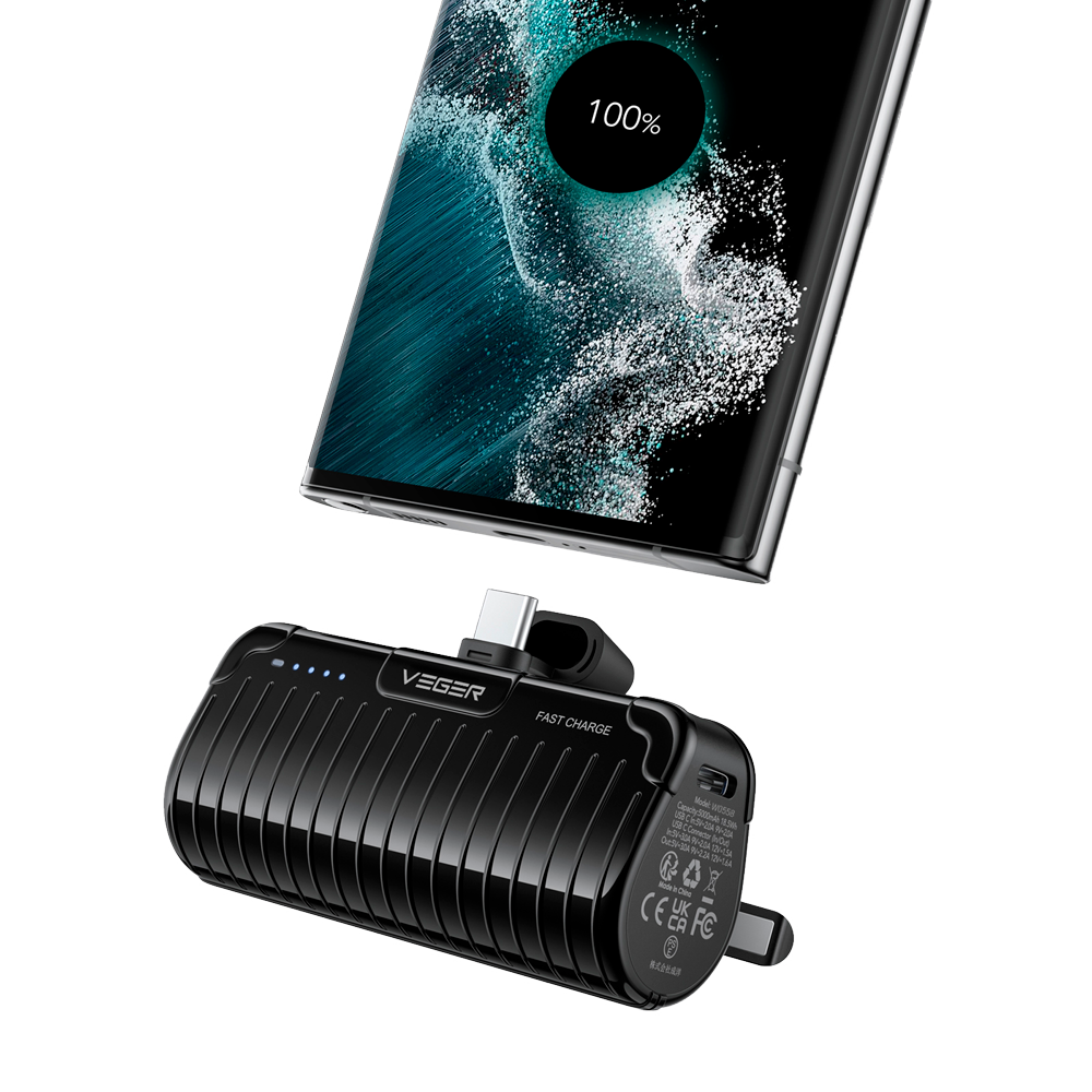 VEGER - Mini Power bank con indicatore di ricarica a LED - Capacità 5000mAh - Ricarica veloce PD20W  - Ingresso USB-C, Uscita connettore USB-C - Carica 1 dispositivo