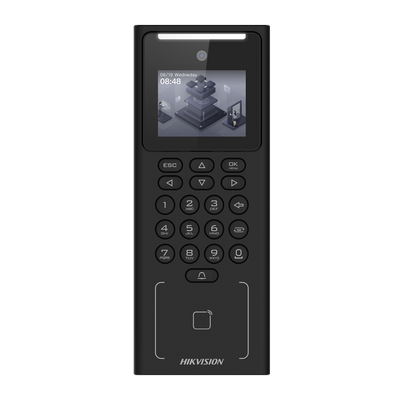 Control de acceso y presencia - Facial, tarjeta MF y PIN - 500 usuarios | 150.000 registros - TCP/IP, USB y RS485 - Controladora integrada (sensor, pulsador y relé) - iVMS-4200 | Hik-Connect