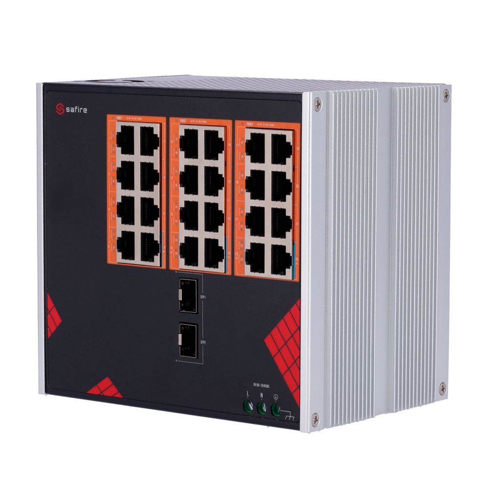 Safire Switch Industrial Alimentación AC 90~264V - 24 puertos Gigabit + 2 SFP Gigabit - 18 Puertos PoE+ 30W + 6 Puertos Hi-PoE 60W - PoE Watchdog - Hasta 390W Potencia PoE total - Instalación carril DIN
