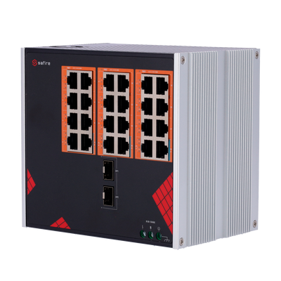 Safire Switch Industrial Alimentación AC 90~264V - 24 puertos Gigabit + 2 SFP Gigabit - 18 Puertos PoE+ 30W + 6 Puertos Hi-PoE 60W - PoE Watchdog - Hasta 390W Potencia PoE total - Instalación carril DIN