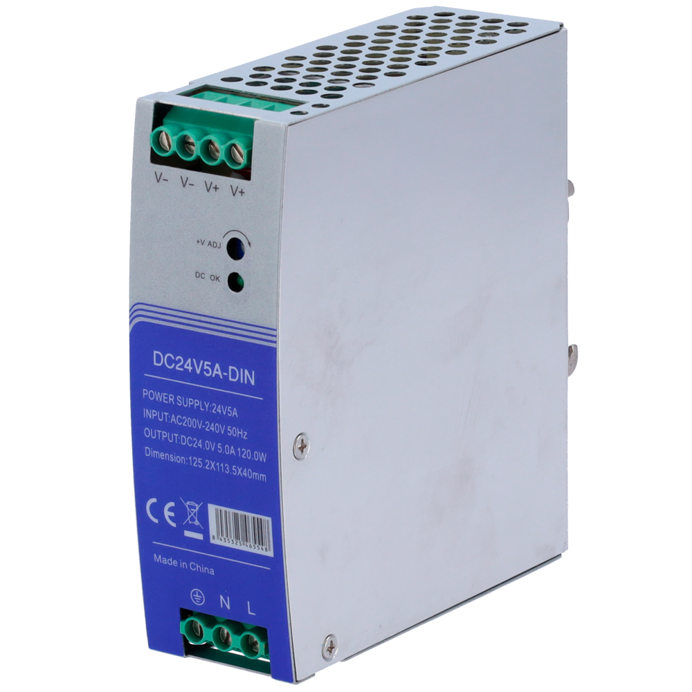 Fonte di alimentazione commutata - uscita DC 24 V 5 A / 120 W - 2 uscite - Voltaggio in entrata 100 V ~ 240 V - 123.5 (Al) x 41 (La) x 110.3 (Lu) mm - Montaggio su guida DIN