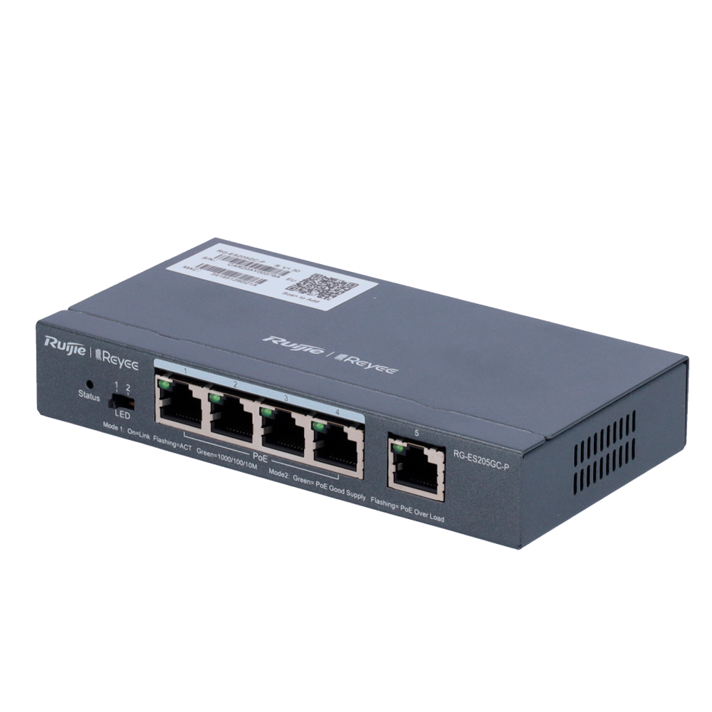 Reyee Switch PoE Cloud Gestibile Cloud Layer 2 - 4 porte PoE 802.3af/at + 1 Uplink RJ45 - 4 RJ45 10/100/1000Mbps + 1 RJ45 10/100/1000Mbps - 30W per porta 802.3af/at / Massimo 54W - VLAN/Port Isolation/Loop Detection - Limite di Velocità della Porta