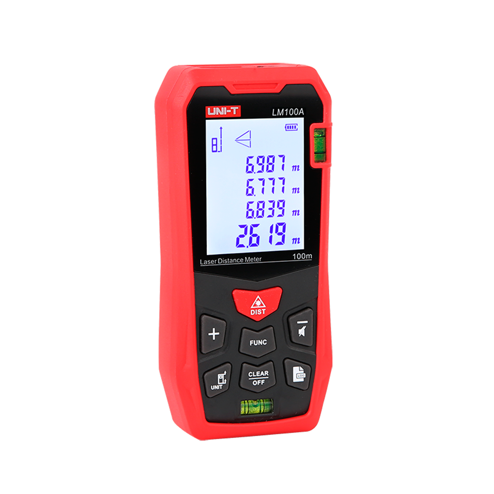 Medidor de distancia láser - Alcance de hasta 100 m con precisión milimétrica - Medición de longitud, área, volumen - Diseño ergonómico y cómodo - Almacenamiento de hasta 99 conjuntos de datos - Contiene un nivel de burbuja