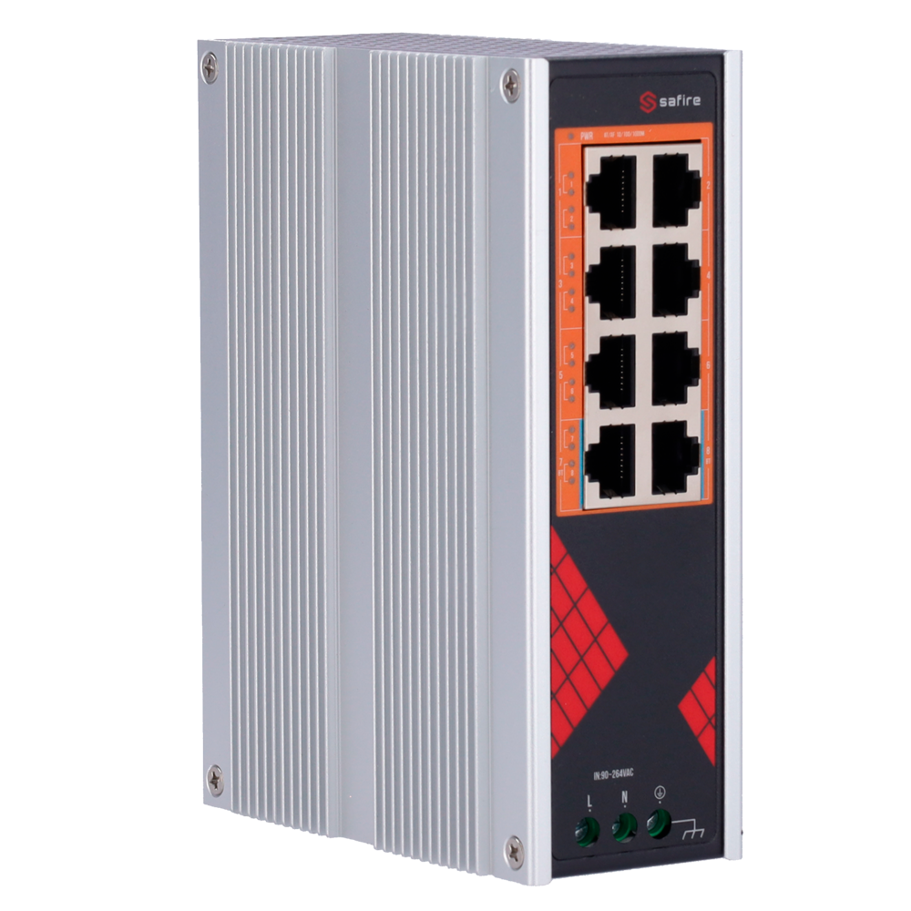 Safire Switch Industrial Alimentación AC 90~264V - 8 puertos Gigabit 10/100/1000Mbps - 6 Puertos PoE+ 30W + 2 Puertos Hi-PoE 60W - PoE Watchdog - Hasta 130W Potencia PoE total - Instalación carril DIN