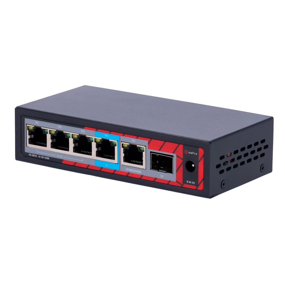 Safire Indoor POE extender Switch - Amplía alcance alimentación POE - 4 puertos PoE + 1 Uplink RJ45 +1 SFP  - IEEE 802.3 af/at/bt - Potencia de salida máxima 60 W - Puertos 10/100/1000 Mbps