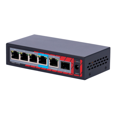 Safire Indoor POE extender Switch - Amplía alcance alimentación POE - 4 puertos PoE + 1 Uplink RJ45 +1 SFP  - IEEE 802.3 af/at/bt - Potencia de salida máxima 60 W - Puertos 10/100/1000 Mbps