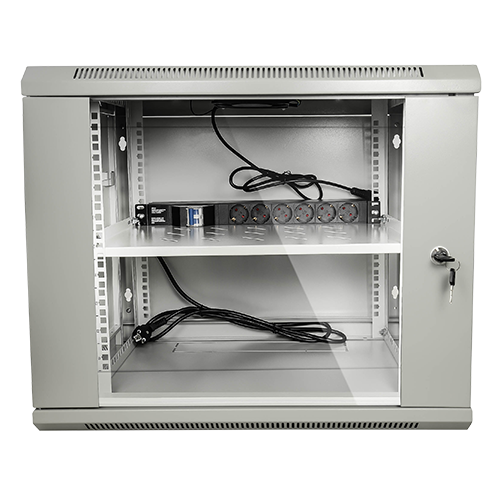 Armario rack de pared - Hasta 9U rack de 19" - Hasta 100 kg de carga - Con ventilación y prensaestopas - Incluye ventilador, bandeja y regleta de 6 tomas - Se entrega desmontado