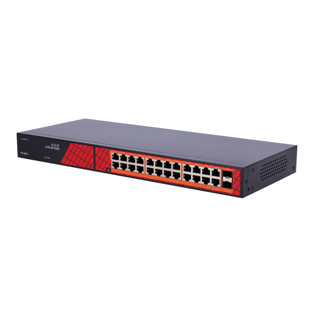 Safire Switch Hi-PoE - 24 puertos PoE + 2 SFP Uplink - Velocidad de puertos Gigabit 10/100/1000Mbps - 22 Puertos PoE+ 30W + 2 Puertos Hi-PoE 60W - PoE Watchdog - Hasta 300W Potencia PoE total