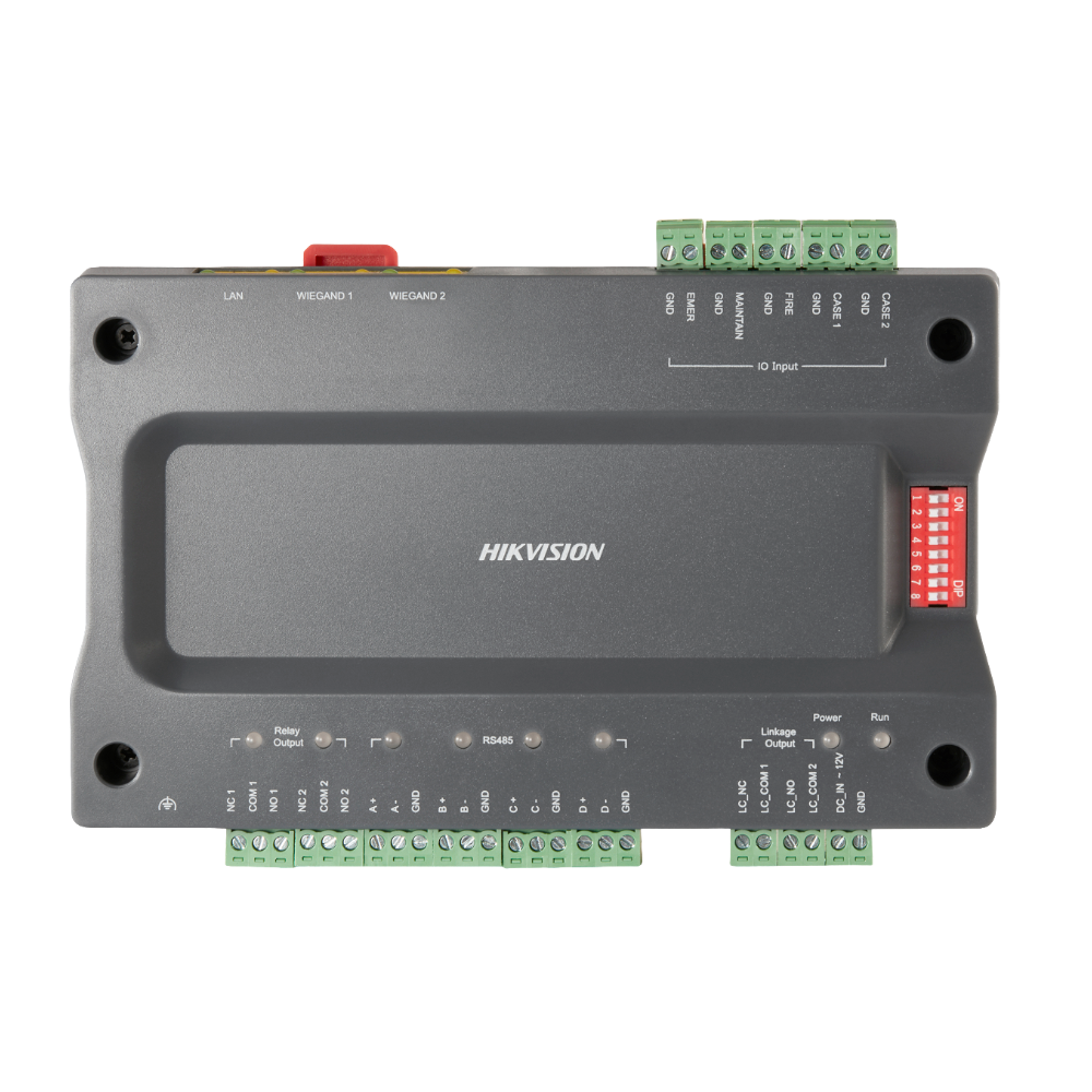Controller master per ascensori - Accesso tramite impronta digitali, volti, scheda o password - Comunicazione TCP/IP - 2 Ingressi Wiegand 26 e 2 RS485 - Uscita 2 relè - Software iVMS-4200