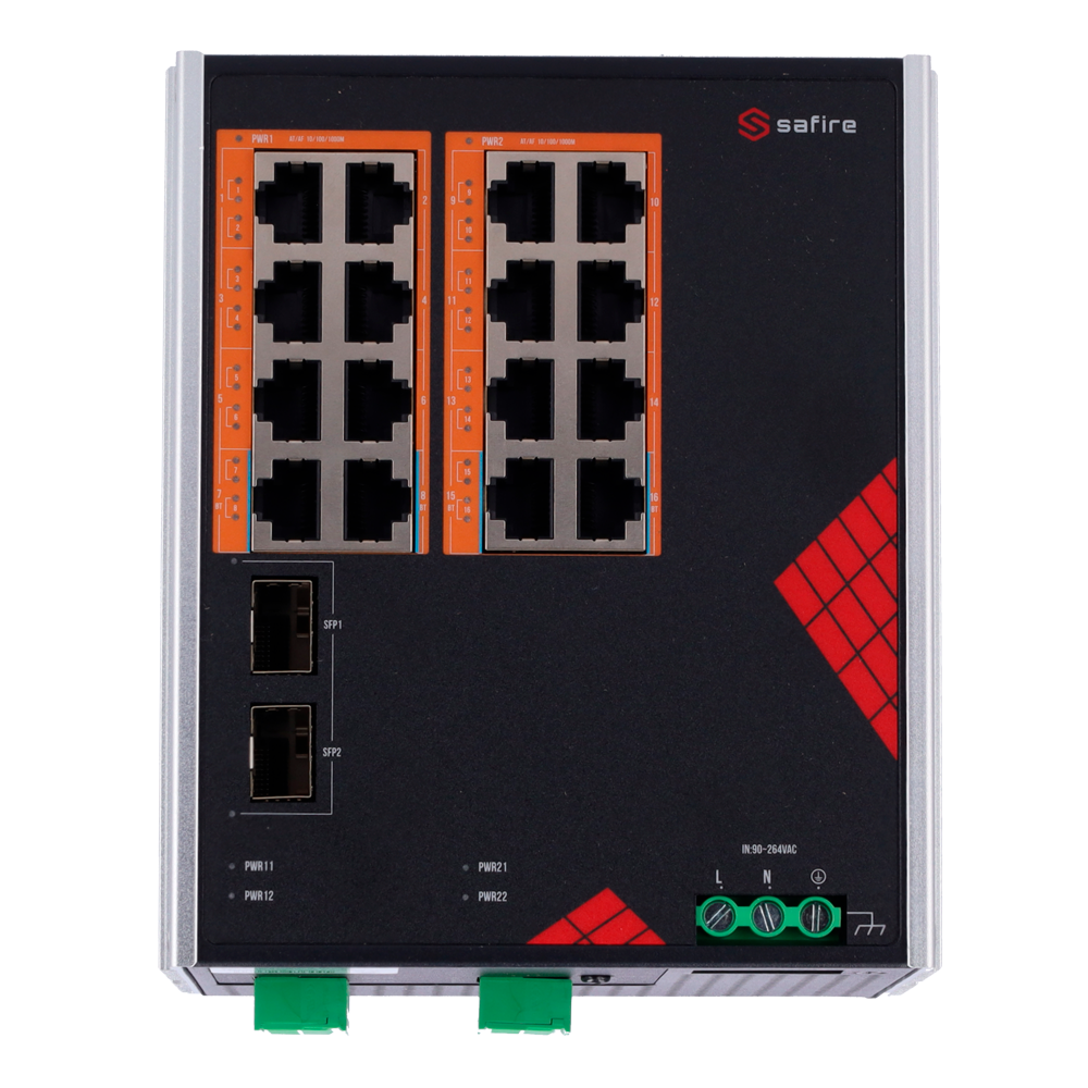 Safire Switch Industrial Alimentación AC 90~264V - 16 puertos Gigabit + 2 SFP Gigabit - 12 Puertos PoE+ 30W + 4 Puertos Hi-PoE 60W - PoE Watchdog - Hasta 260W Potencia PoE total - Instalación carril DIN