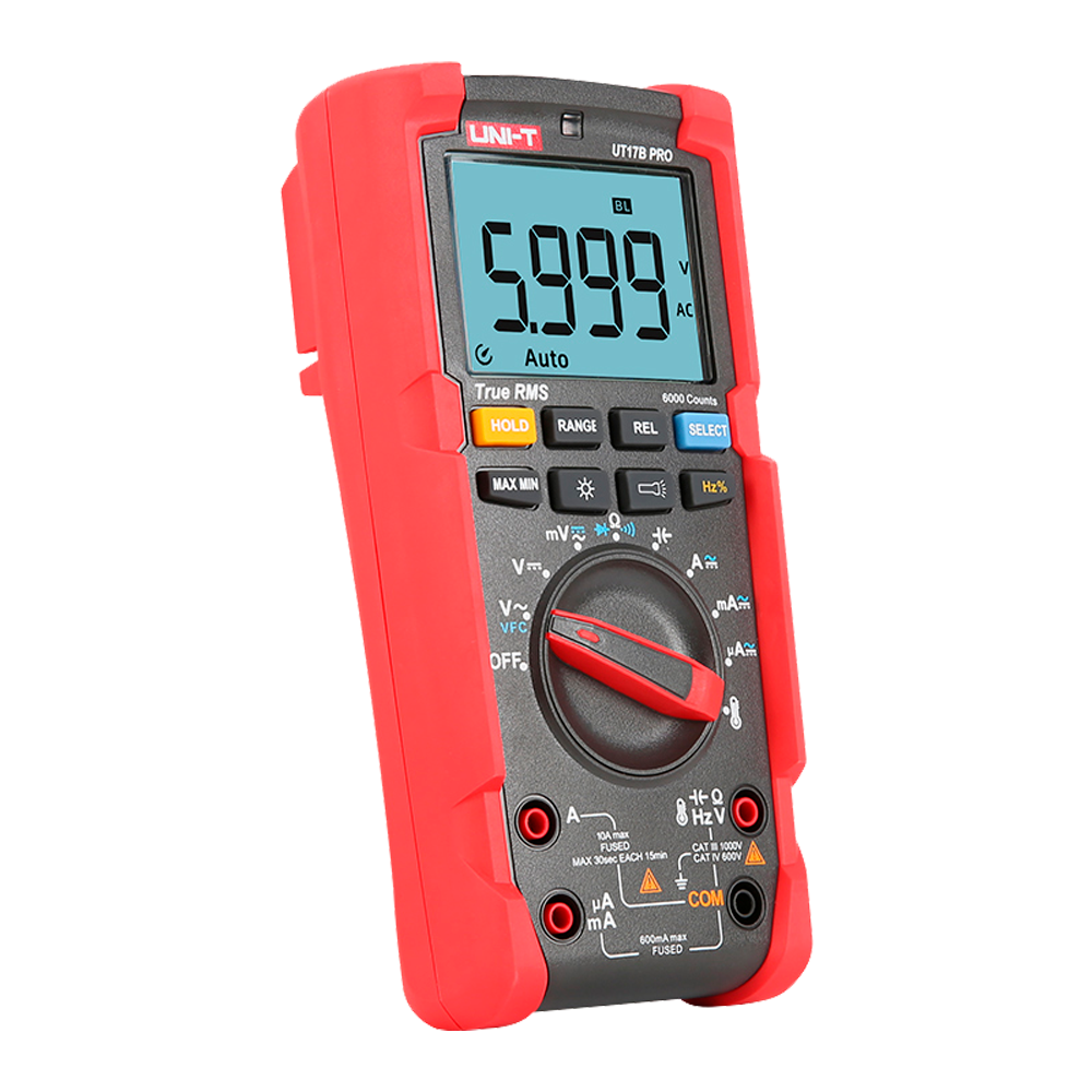 Multímetro digital - Pantalla LCD de hasta 6000 cuentas - Medición de tensión CC y CA hasta 1000V - Medición de intensidad CC y CA hasta 10A - Alta precisión CA con función True RMS - Medición de resistencia, capacitancia y frecuencia - Medición