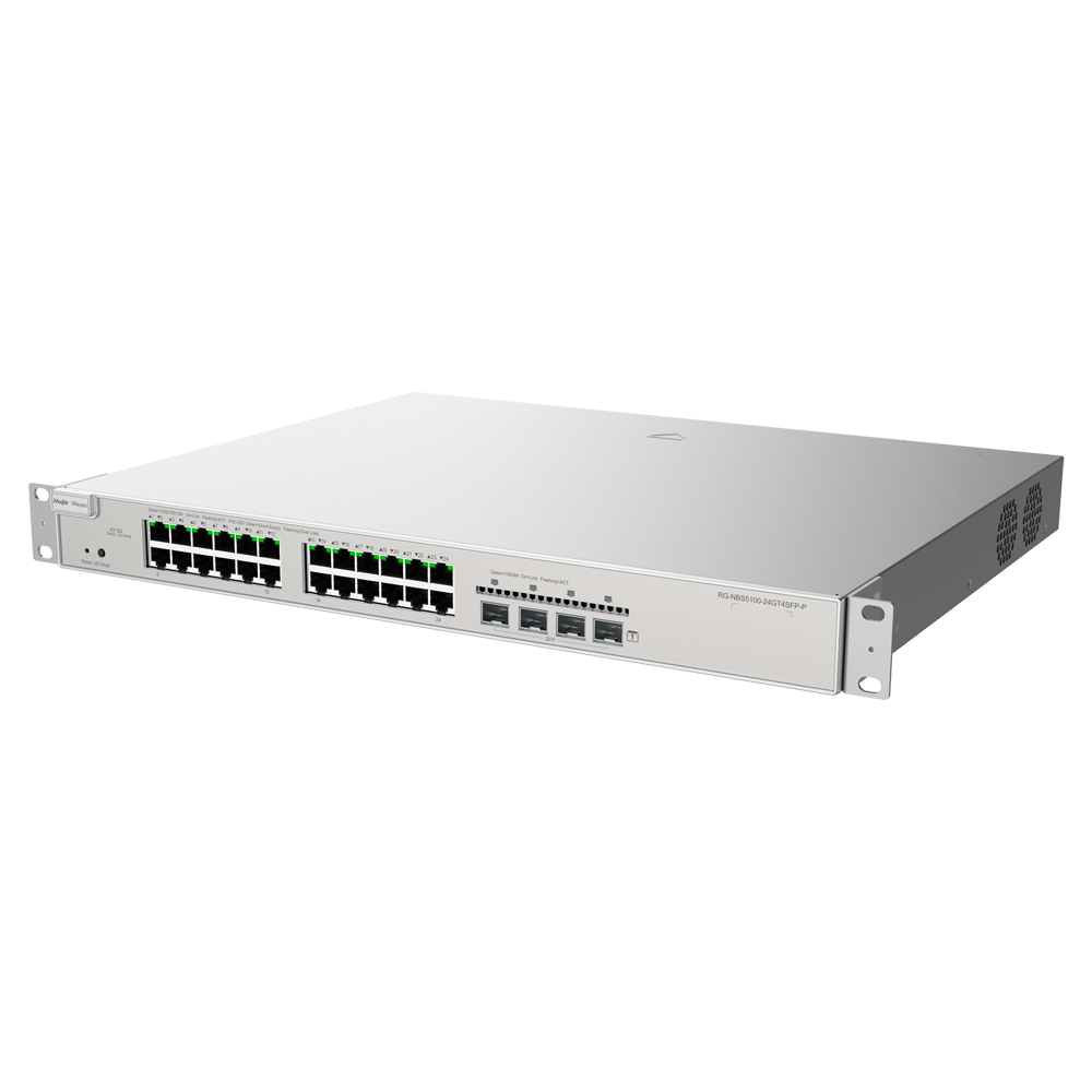 Reyee Switch PoE Cloud Capa 2+ - 24 puertos RJ45 Gigabit PoE + 4 Gigabit SFP - 30W vía puerto 802.3af/at / Máximo 370W - LAG estático/DHCP Snoop/IGMP Snoop/Port Mirror - VLAN/Aislamiento de puertos/STP/RSTP/ ACL/QoS: servidor DHCP/rutas estáticas