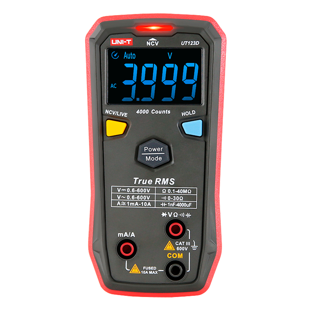 Multímetro digital de bolsillo - Medición de tensión CC y CA hasta 600V - Medición de intensidad CC y CA hasta 10A - Medición de resistencia y capacitancia - True RMS | Función NVC - Zumbador para prueba de continuidad