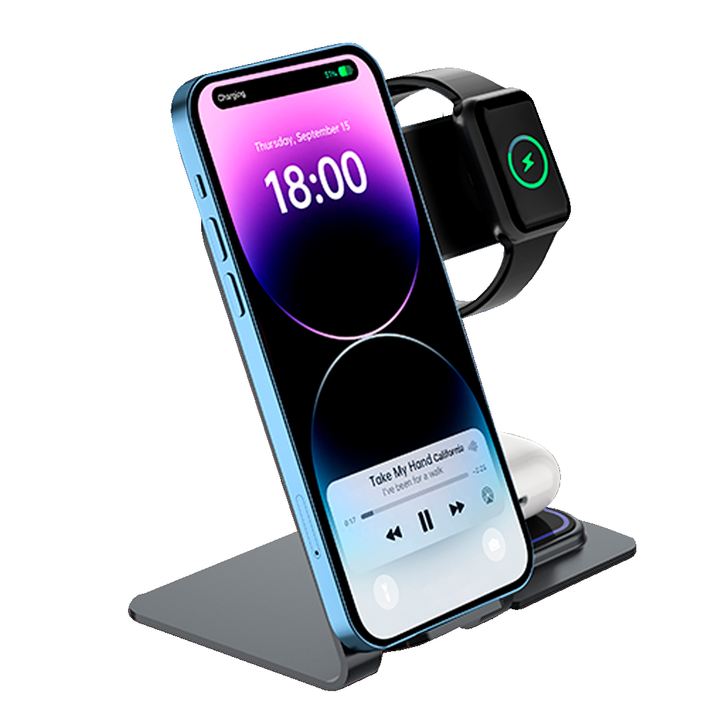 VEGER - Caricabatterie wireless - Potenza 15W - Ricarica veloce - Uscite per smartphone, Airpod e Apple Watch - Colore Grigio