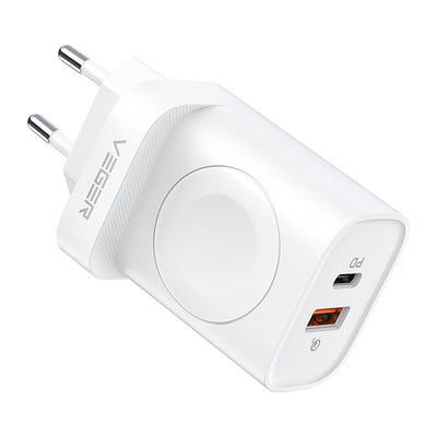 VEGER - Cargador - Potencia total 25 W - 1 puertos USB-A , 1 USB-C y inalámbrico iWatch - Protección contra sobrecarga y cortocircuitos - Color blanco