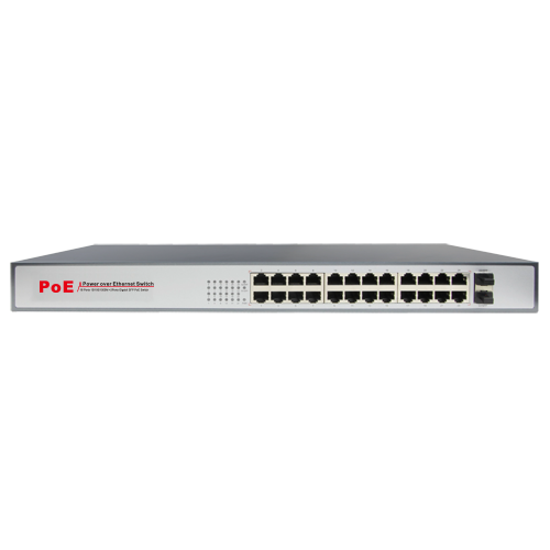 Switch PoE Gigabit - 24 porte PoE + 2 porte SFP | Installabile su Rack - Velocità 10/100/1000 Mbps - Potenza 30 W per porta - Potenza massima totale 250 W - Norma IEEE802.3at (PoE) / af (PoE+)