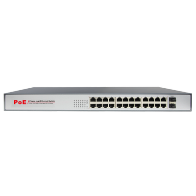 Conmutador PoE Gigabit - 24 puertos PoE + 2 puertos SFP | Instalable en Rack - Velocidad 10/100/1000 Mbps - Potencia 30 W por puerto - Potencia máxima total 250 W - Estándar IEEE802.3at (PoE) / af (PoE+)