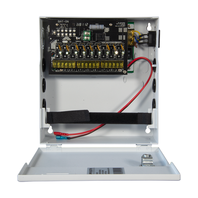 Power distribution box - 1 AC 110V ~ 220V input - 9 copper twisted pair outputs - PTC resettable fuse protection - Output voltage 12V / 120W - UPS function (SAI)