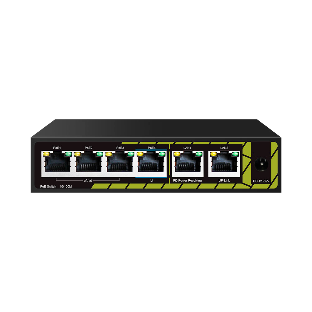 Switch extensor POE para interiores - Amplio rango de potencia POE - 4 puertos PoE + 2 Uplinks RJ45 - IEEE 802.3 af/at/bt - Potencia máxima de salida 60 W - Puertos 10/100 Mbps