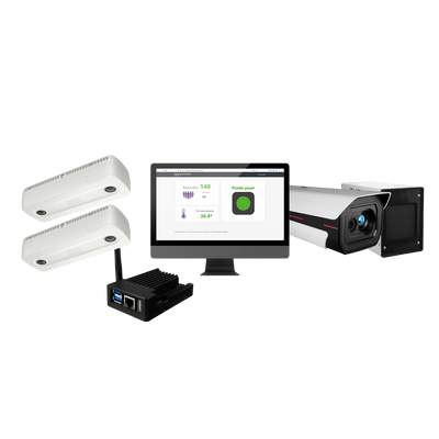 Control de Temperatura y Asistencia Multiroom - 2 x Cámaras de Conteo de Personas - 1 x KIT-BODYTEMP-BLACKBODY - PC con software Safire Doors Pro Temp - Informes personalizados - Notificaciones de alarma