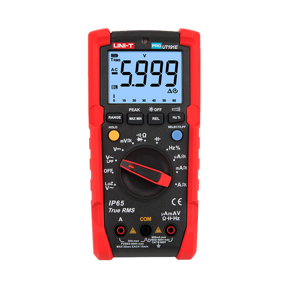 Multimetro digitale Industriale True RMS - IP65 e resistente alle cadute da 2 m - Misure in DC e AC fino a 600V / 20 A - Totcia integrata - Misurazione di resistenza, capacitanza e frequenza - Cicalino per test di continuità