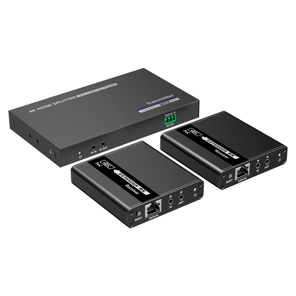 Splitter-Extensor HDMI 1x2 - 1 transmisor / 2 receptores - Resolución hasta 4K@30Hz - Alcance hasta 70m - Sobre cable UTP CAT6/6A/7 - Control RS232