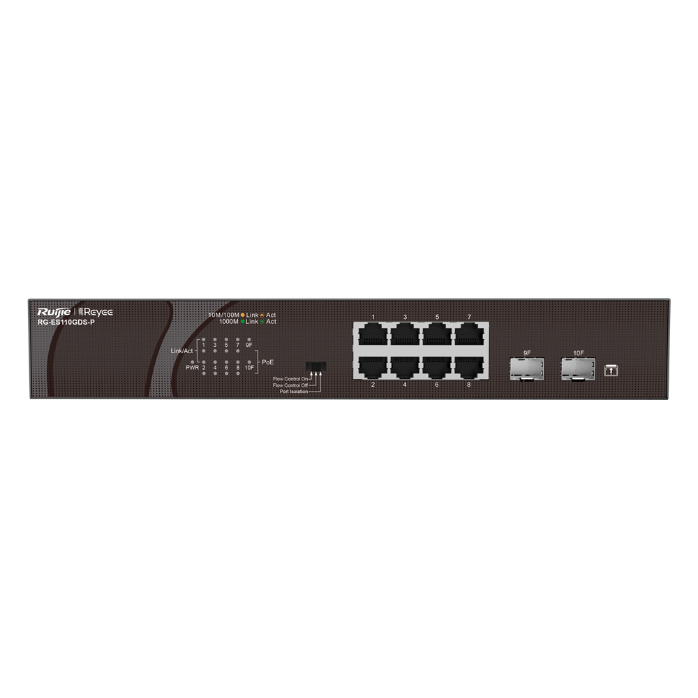 Reyee Switch PoE Sobremesa - 8 Puertos RJ45 + 2 Uplink SFP - 8 Puertos Gigabit + 2 Puertos Gigabit - 8 Puertos PoE+ 802.3af/at | Potencia total 120W - Aislado de Puertos / Flow Control - Plug and Play