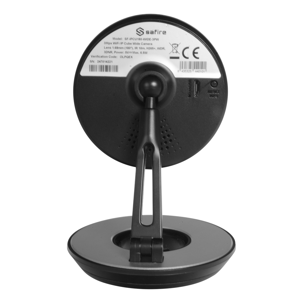 Wi-Fi IP Camera 3 Megapixel - 1/3" Progressive Scan CMOS - Compressione H.265+ / H.265 - Lente grandangolare 180º - IR LEDs portata 10 m - CMS e App per Smartphone / Tablet (Safire Connect)