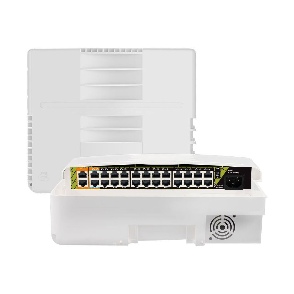 Outdoor PoE switch - 22 PoE+ ports - 2 RJ45 Hi-PoE - 2 RJ45 Uplink - 22 10/100 Mbps ports - 4 Gigabit ports - Total 300 W for all ports - Standard IEEE802.3at PoE+ / af PoE / bt Hi-PoE - Lightning Protection 6KV, ESD 8KV, IP65