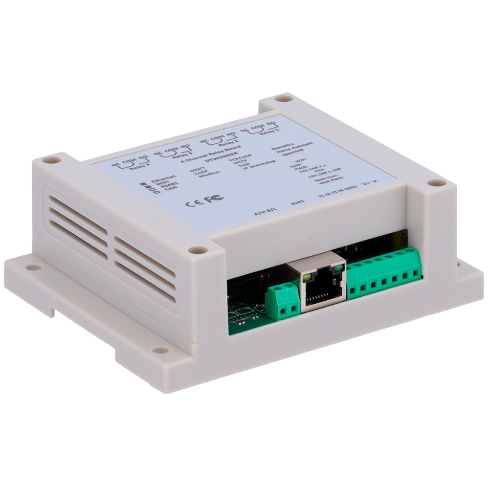 Modulo di acquisizione e controllo dati - 4 ingressi digitali / 4 uscite relè (NA/NC) - Protocolli: Modbus/TCP, TCP/IP, UDP, HTTP,... - Server web integrato - 1 porta Ethernet 10/100 Base-TX, 1 porta WiFi - Alimentatore non incluso (12VDC/1A)