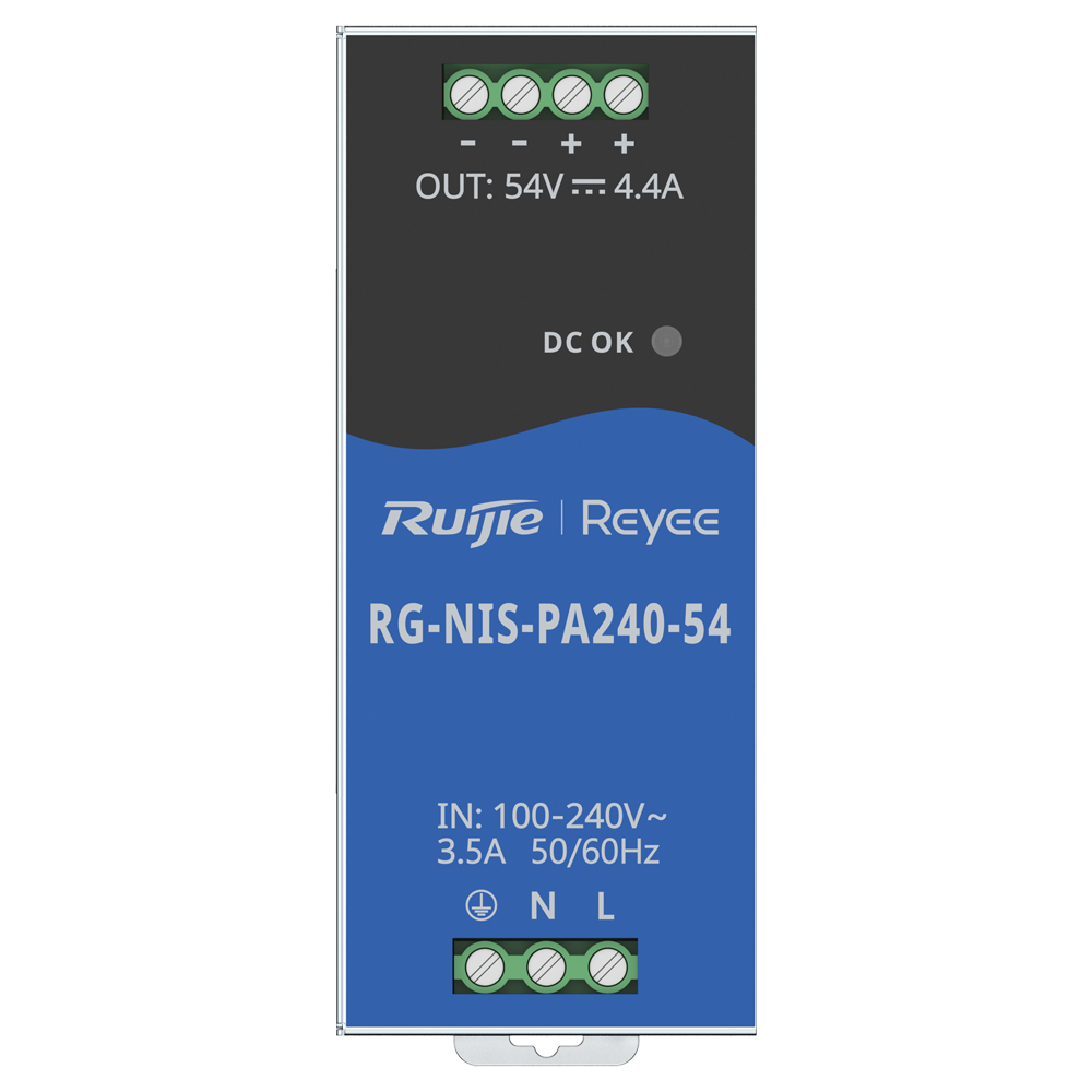 Fuente de alimentación Industrial Reyee - Salida DC 54 V 4,4A / 240 W - 2 salidas DC - Voltaje entrada 100 V ~ 240 V - 125 (Al) x 52 (An) x 110 (Fo) mm - Montaje en carril DIN