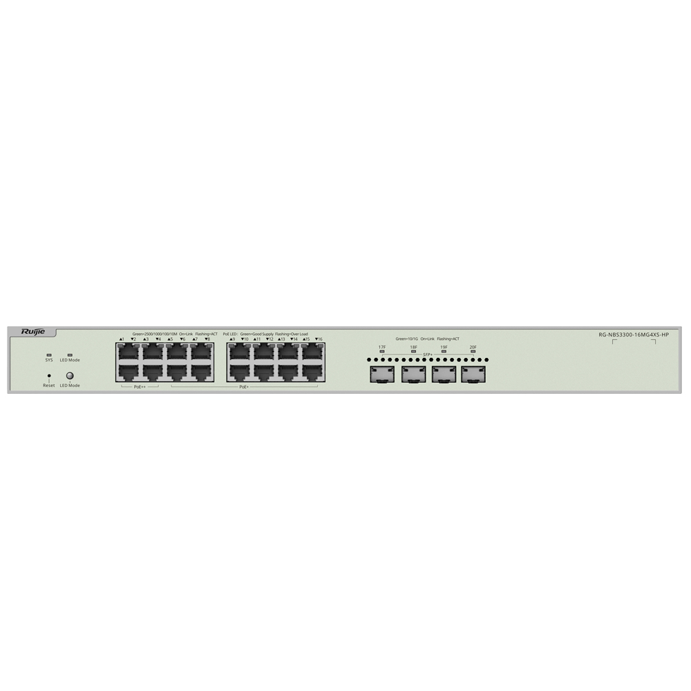 Reyee Switch PoE Cloud Capa 2 - 16 puertos PoE MultiGigabit+ 4 10Gbps SFP+ -  PoE 802.3af/at/bt hasta 90w / Máximo 370W - Static LAG/DHCP Snoop/IGMP Snoop/Port Mirror - VLAN/Port Isolation/STP/RSTP/ACL/QoS - Enrackable