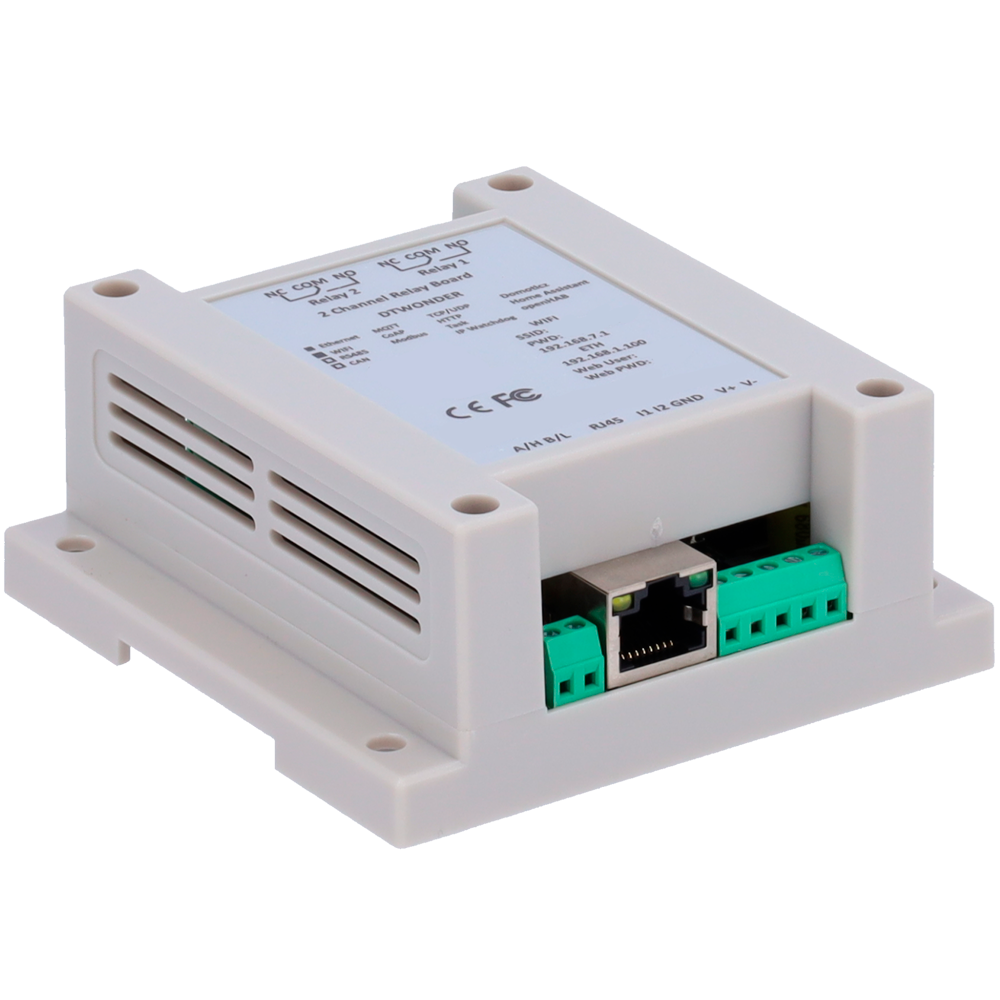 Modulo di acquisizione e controllo dati - 2 ingressi digitali / 2 uscite relè (NA/NC) - Protocolli: Modbus/TCP, TCP/IP, UDP, HTTP,... - Server web integrato - 1 porta Ethernet 10/100 Base-TX, 1 porta WiFi - Alimentatore non incluso (12VDC/1A)